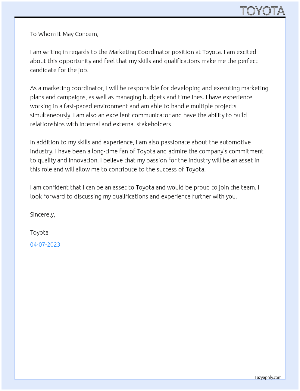 Marketing Coordinator At Toyota Cover Letter