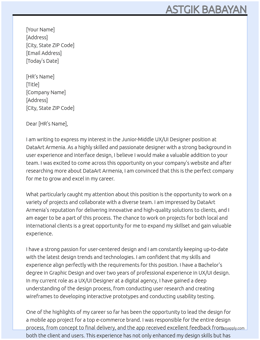 Junior - Middle UX/UI Designer  At DataArt Armenia Cover Letter