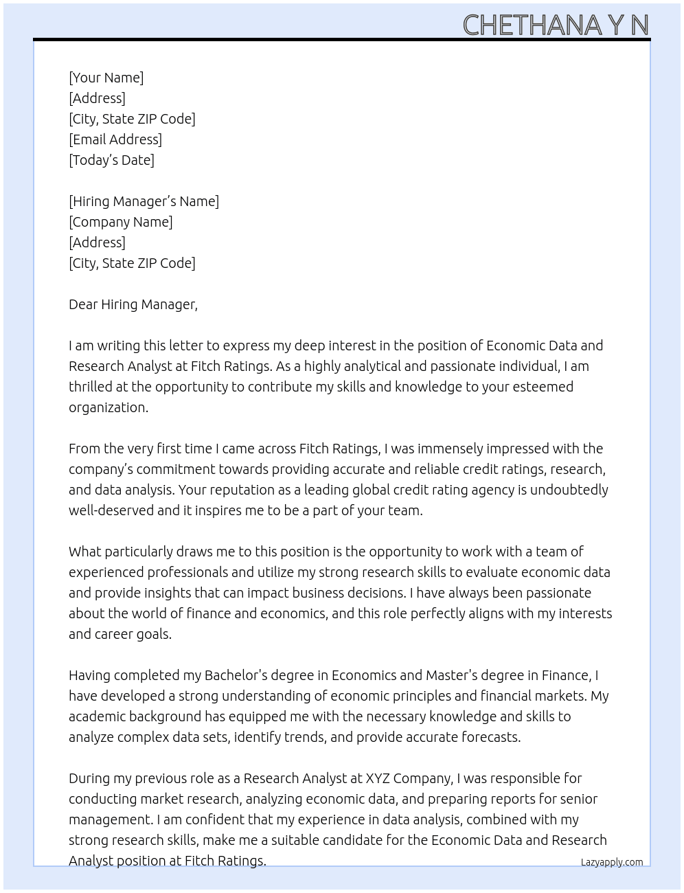 Economic Data and Research Analyst At Fitch Ratings Cover Letter