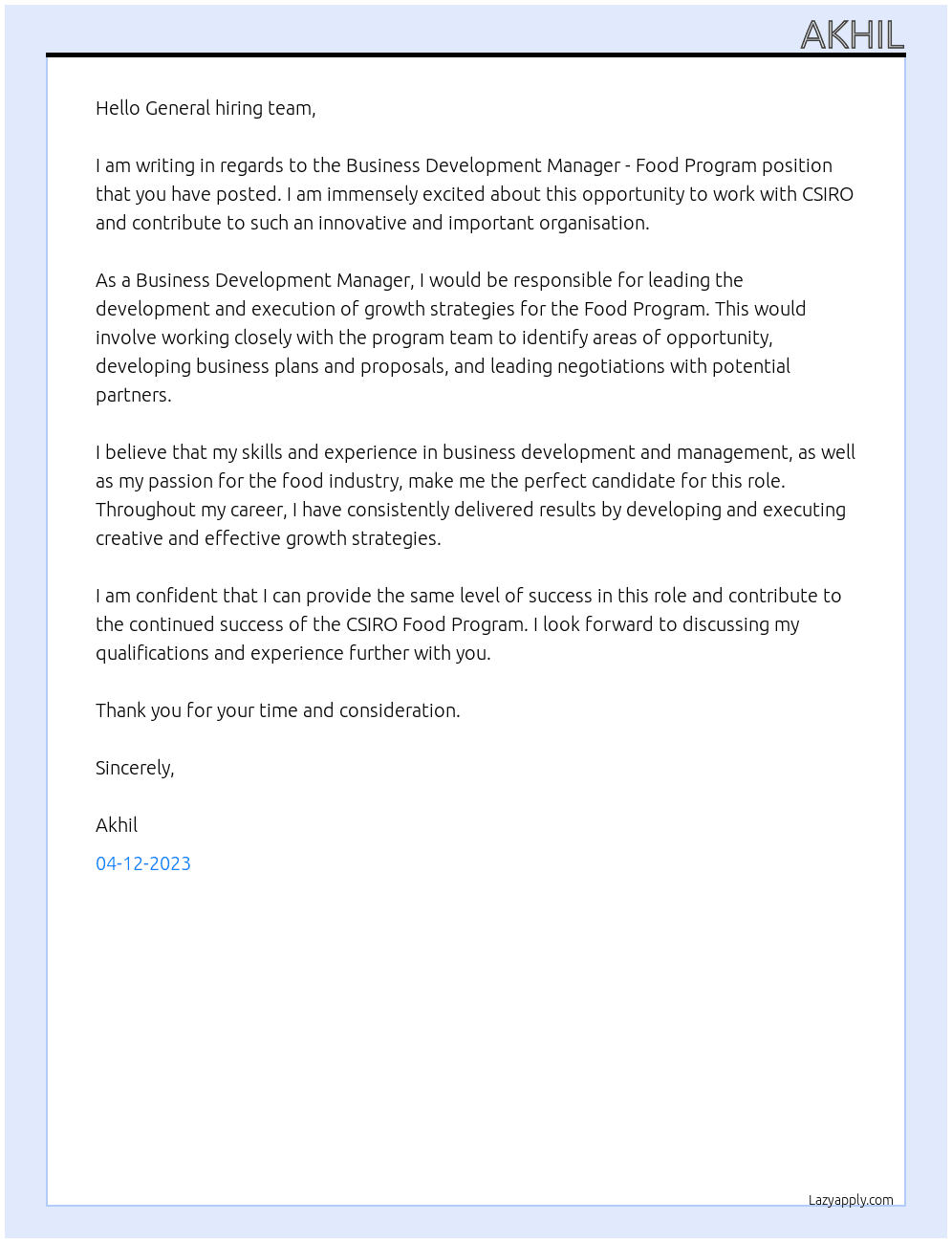 Business Development Manager - Food Program At CSIRO Cover Letter