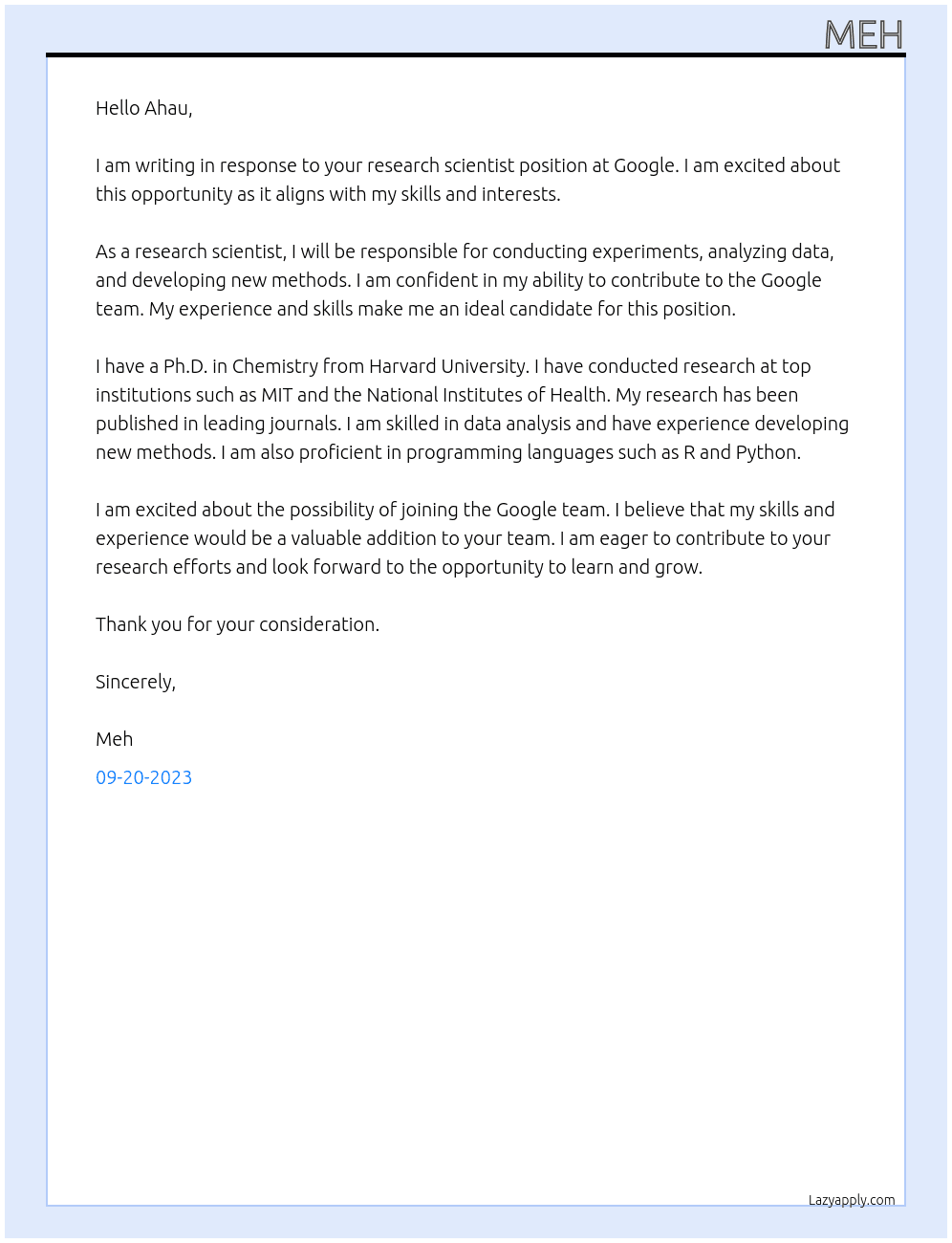Research scientist At Google Cover Letter