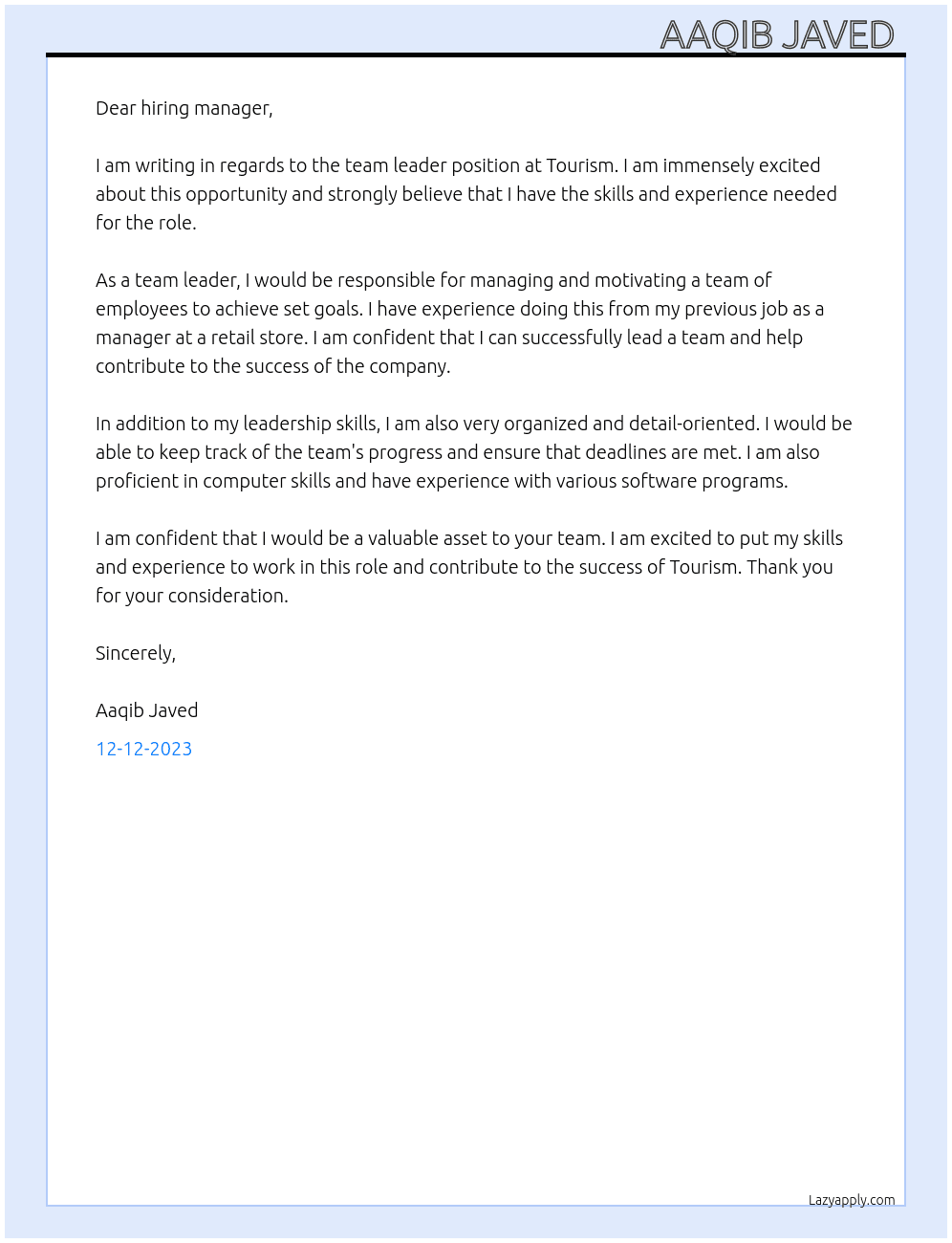 Team Leader  At Tourism  Cover Letter