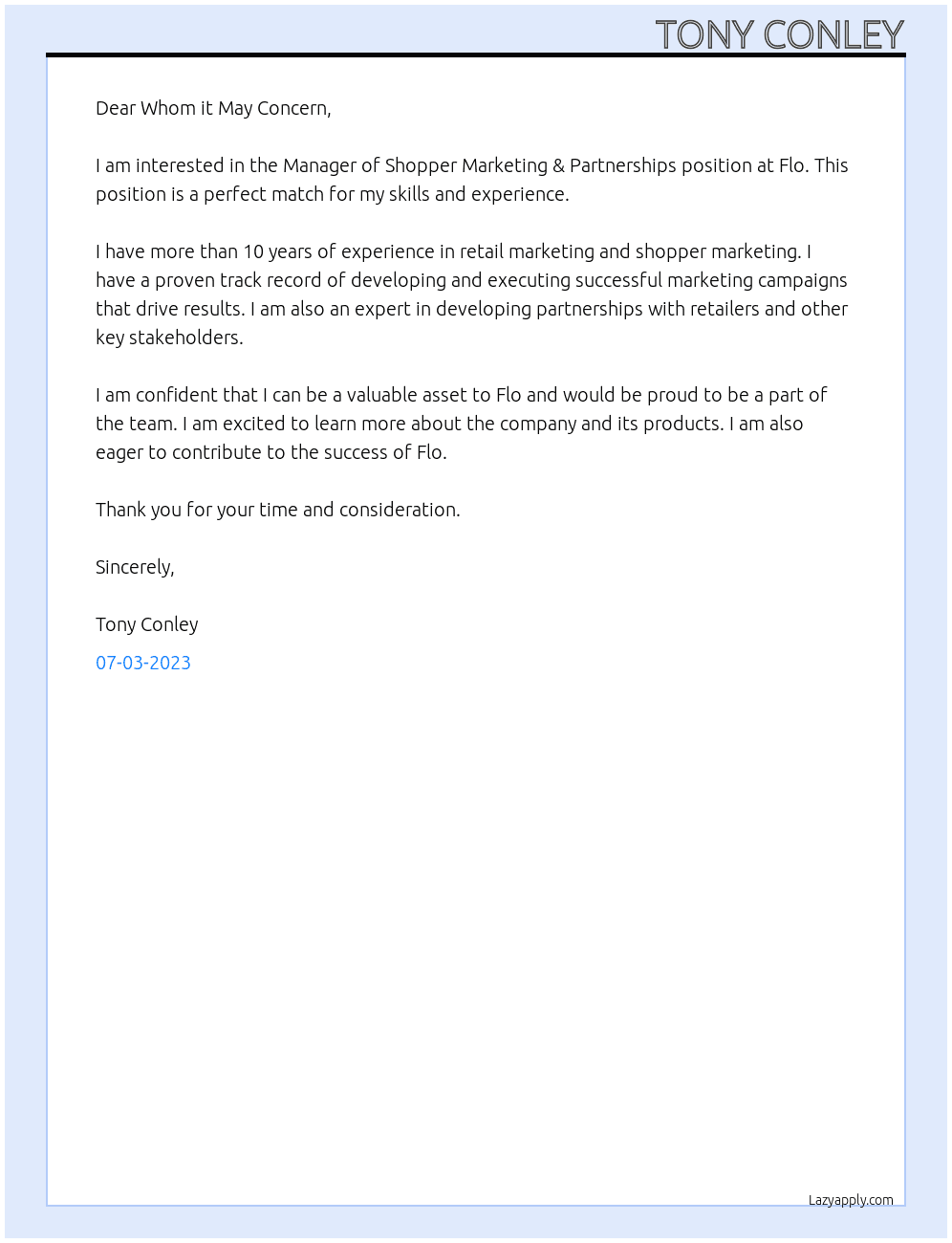 Manager of Shopper Marketing & Partnerships  At Flo Cover Letter