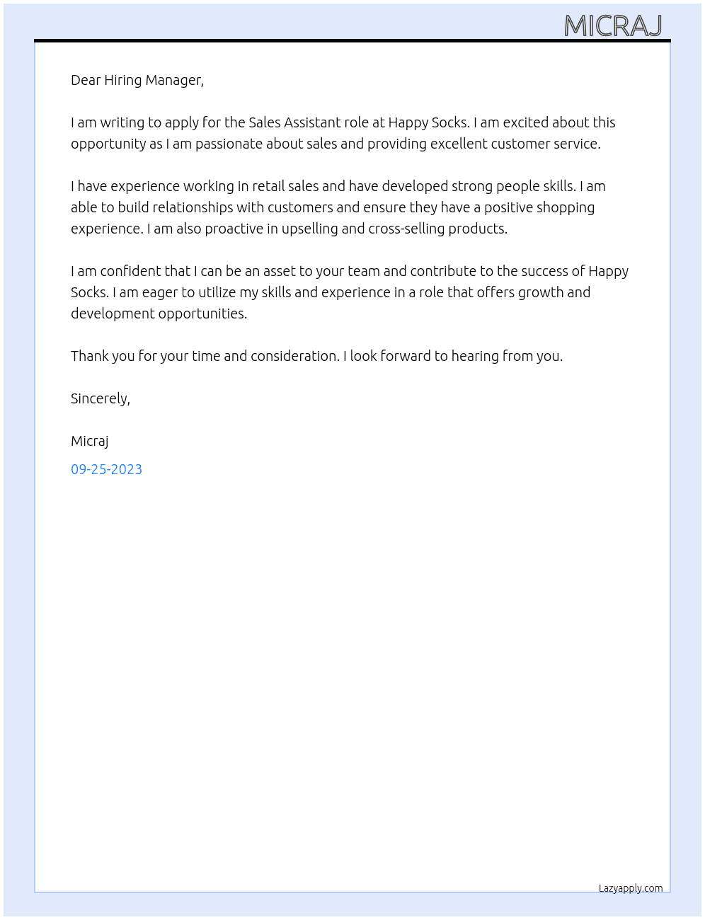 Sales assistant  At Happy socks Cover Letter