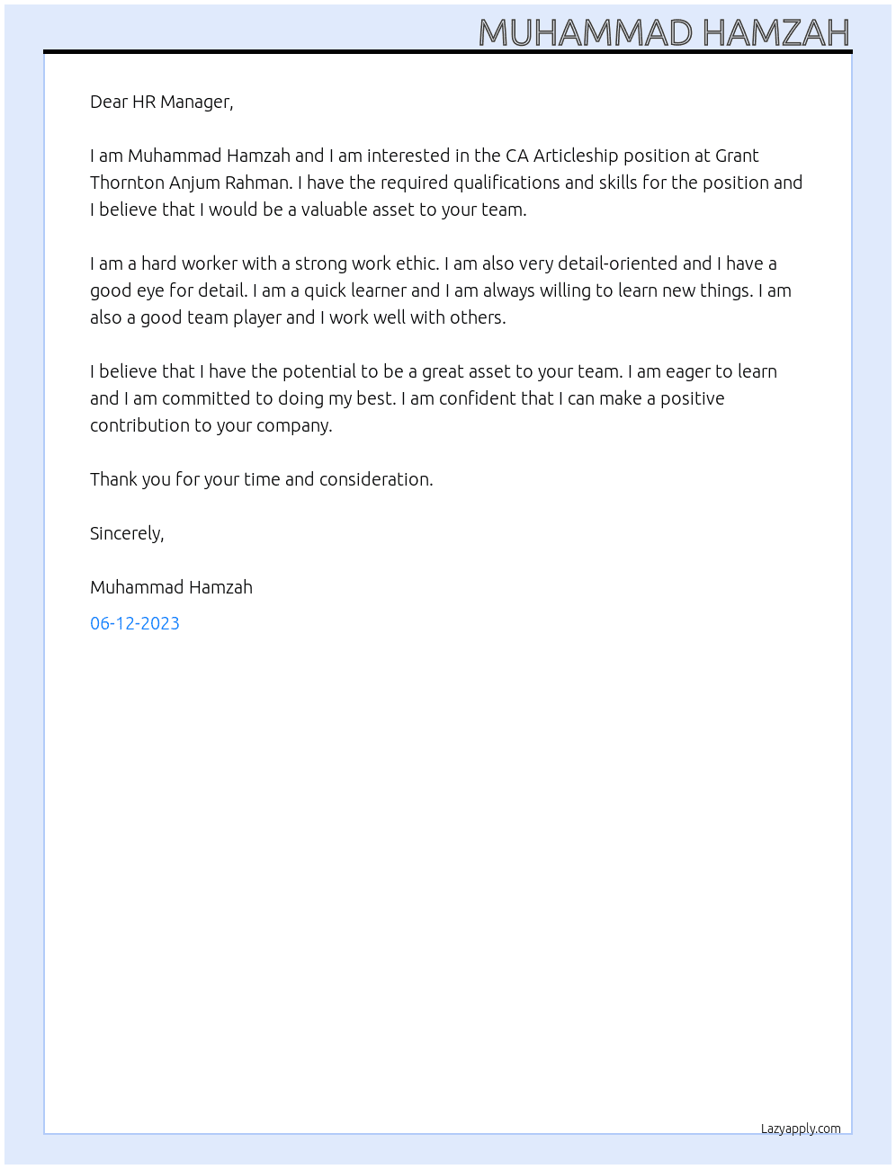 CA Articleship At Grant Thornton Anjum Rahman Cover Letter