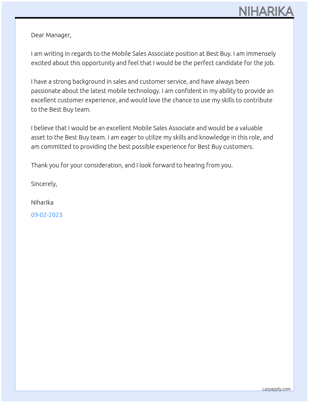 Mobile Sales Associate At Best Buy Cover Letter