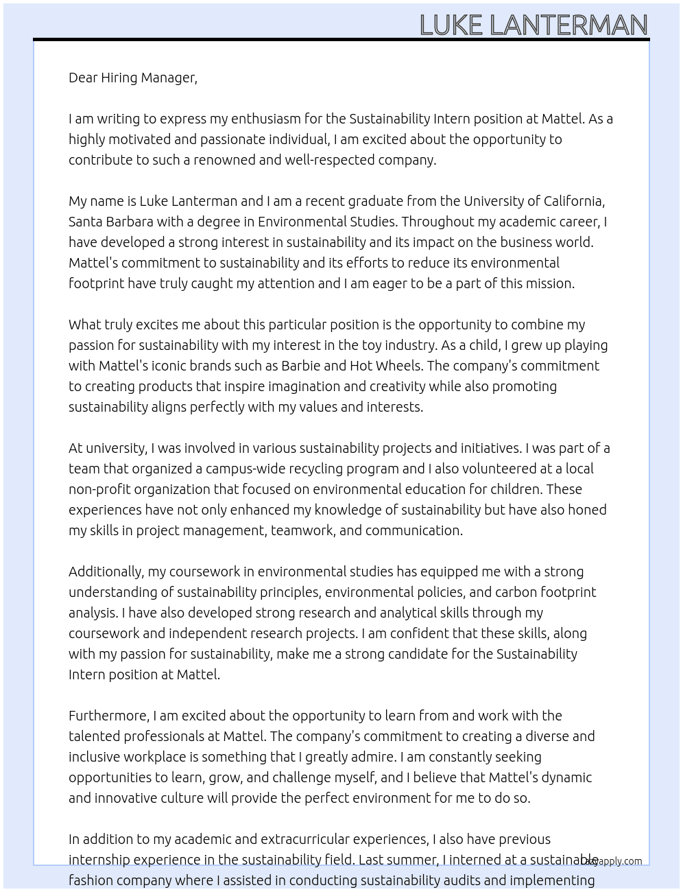 Sustainability Intern At Mattel Cover Letter