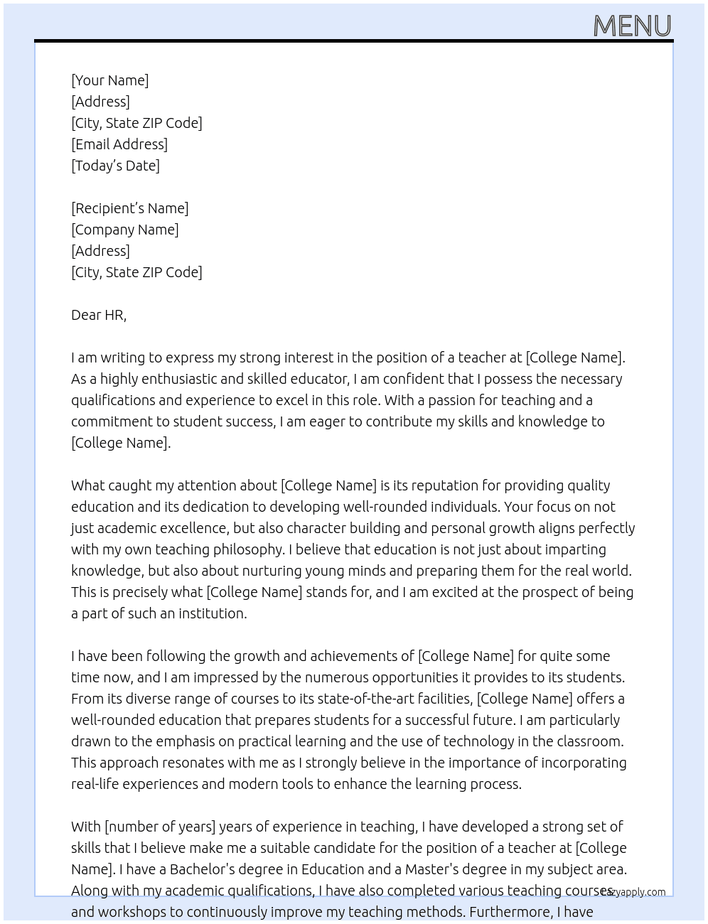 teacher At college Cover Letter