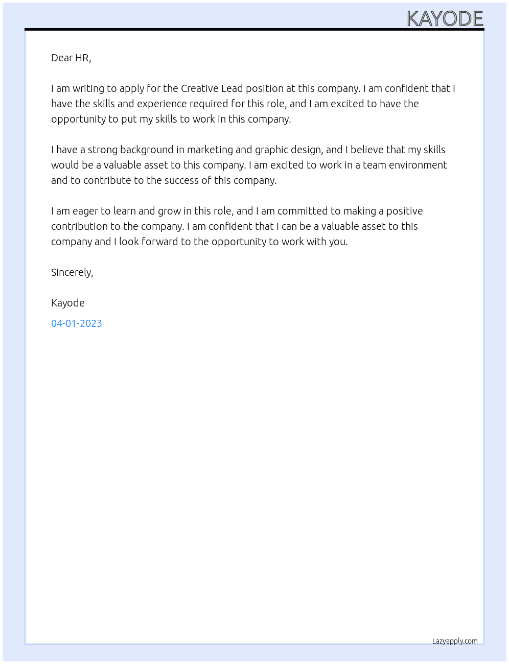 Creative Lead At this company Cover Letter