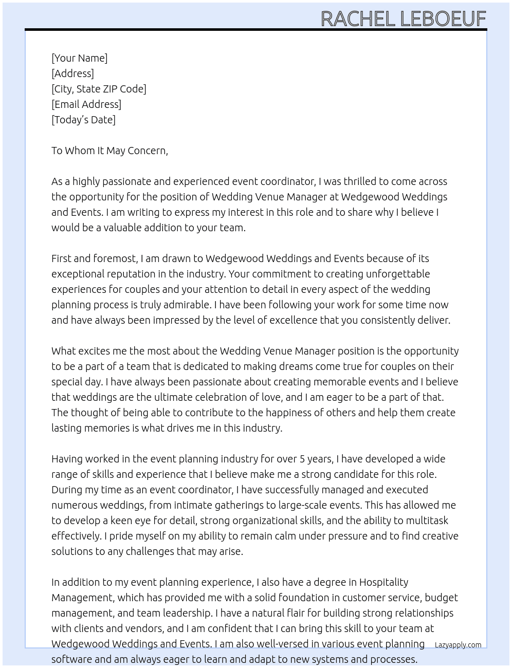 Wedding Venue Manager At Wedgewood Weddings and Events Cover Letter