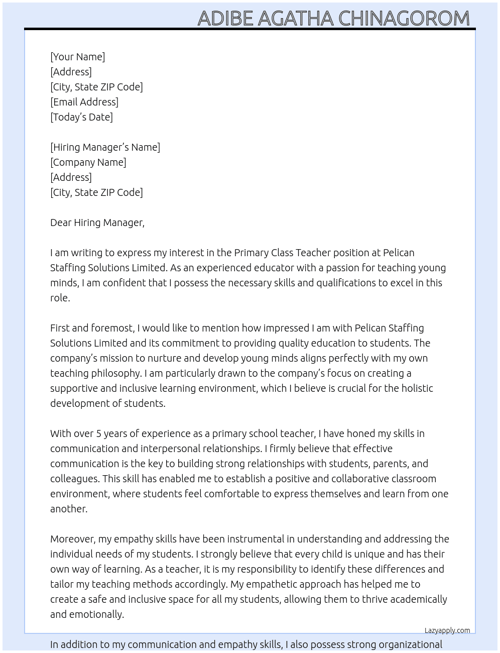 Primary Class Teacher At Pelican Staffing Solutions Limited Cover Letter