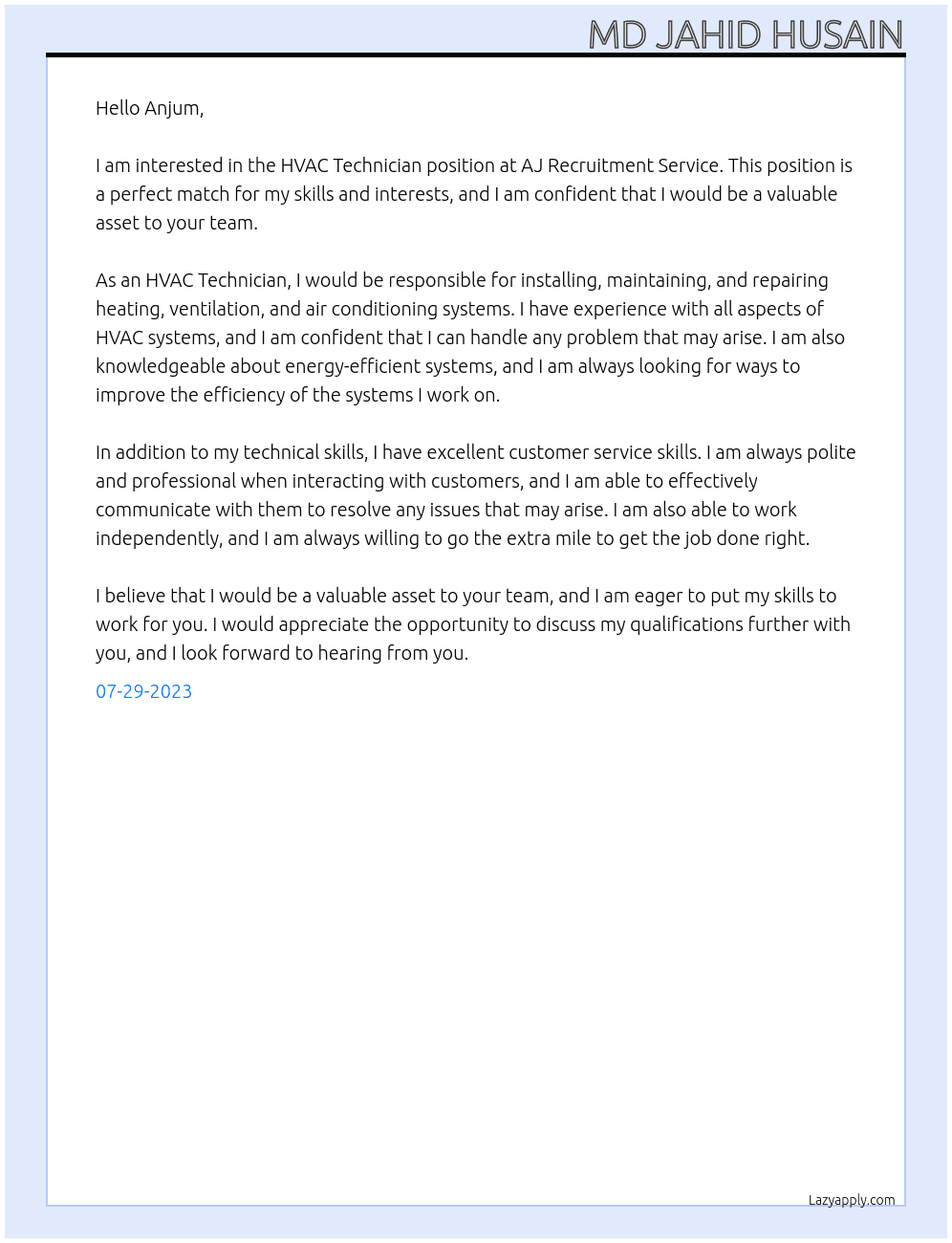 HVAC Technician At AJ Recruitment Service Cover Letter