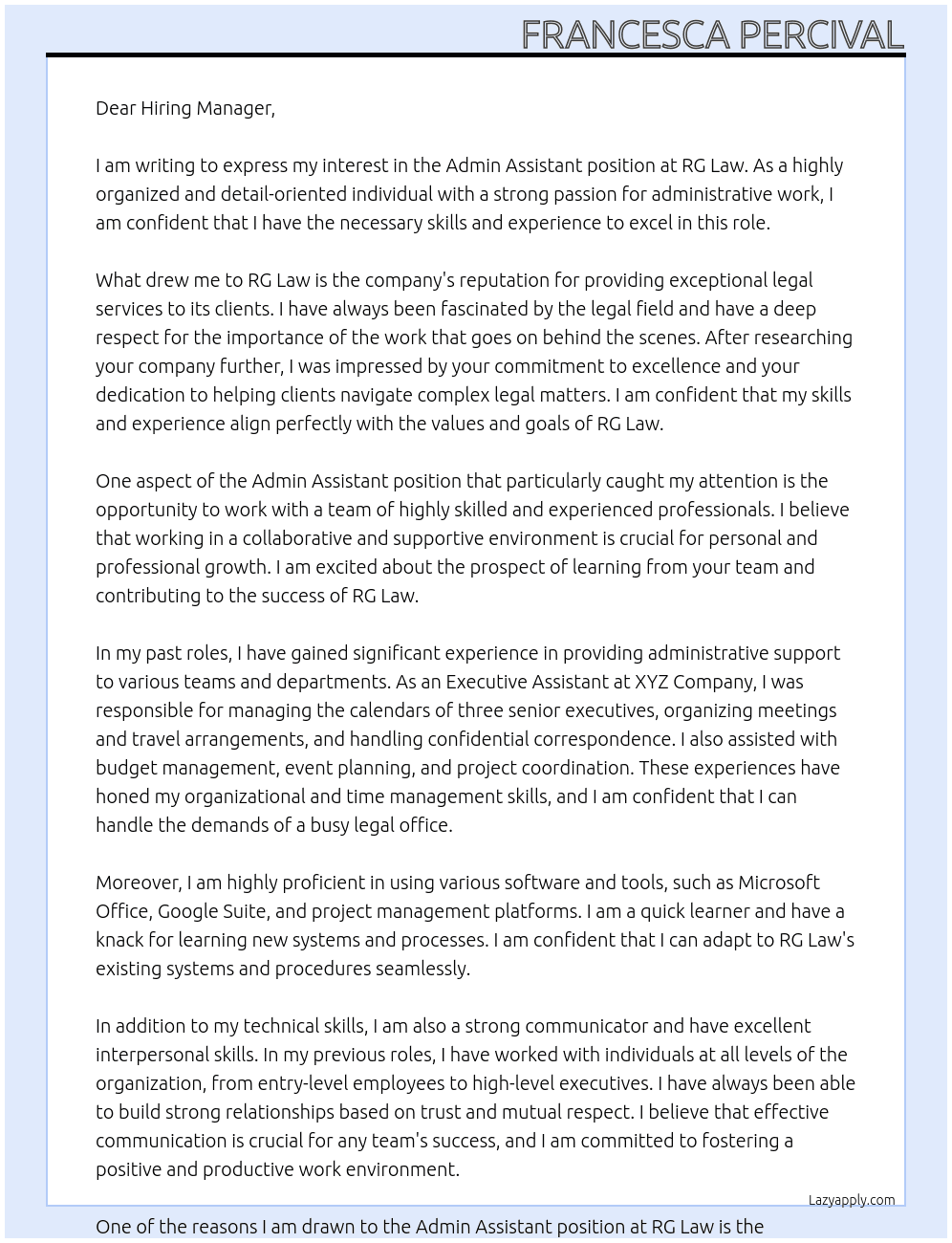 Admin assistant At RG Law Cover Letter