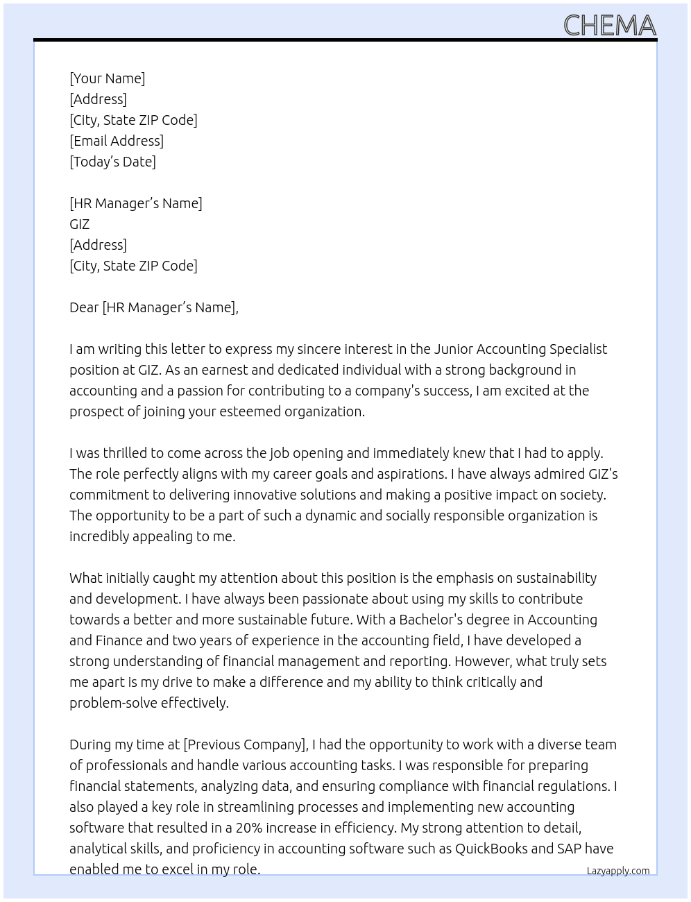 Cover letter for junior accounting specialist - LazyApply