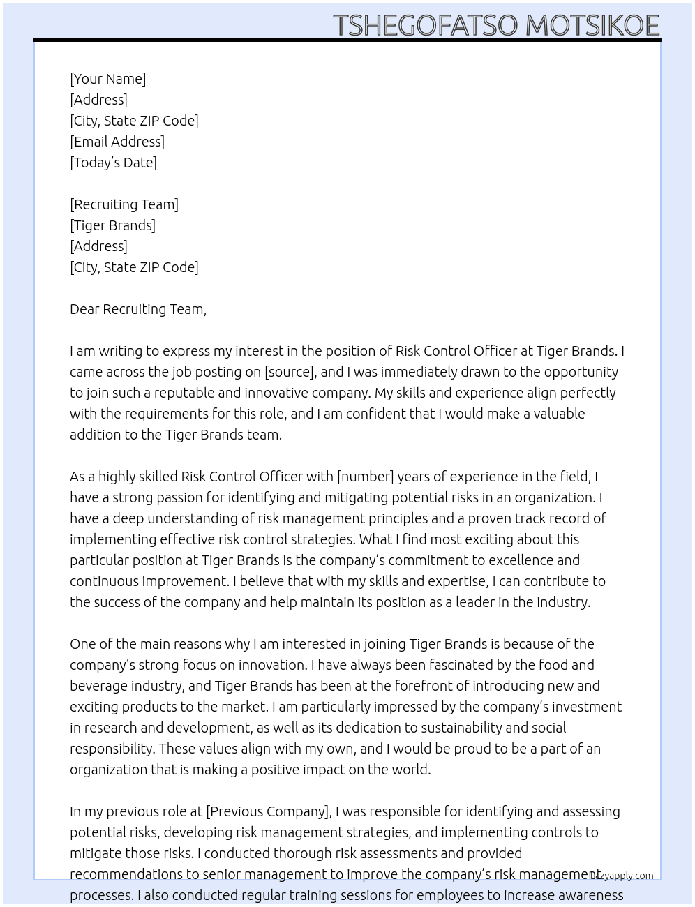 Risk Control Officer At Tiger Brands  Cover Letter