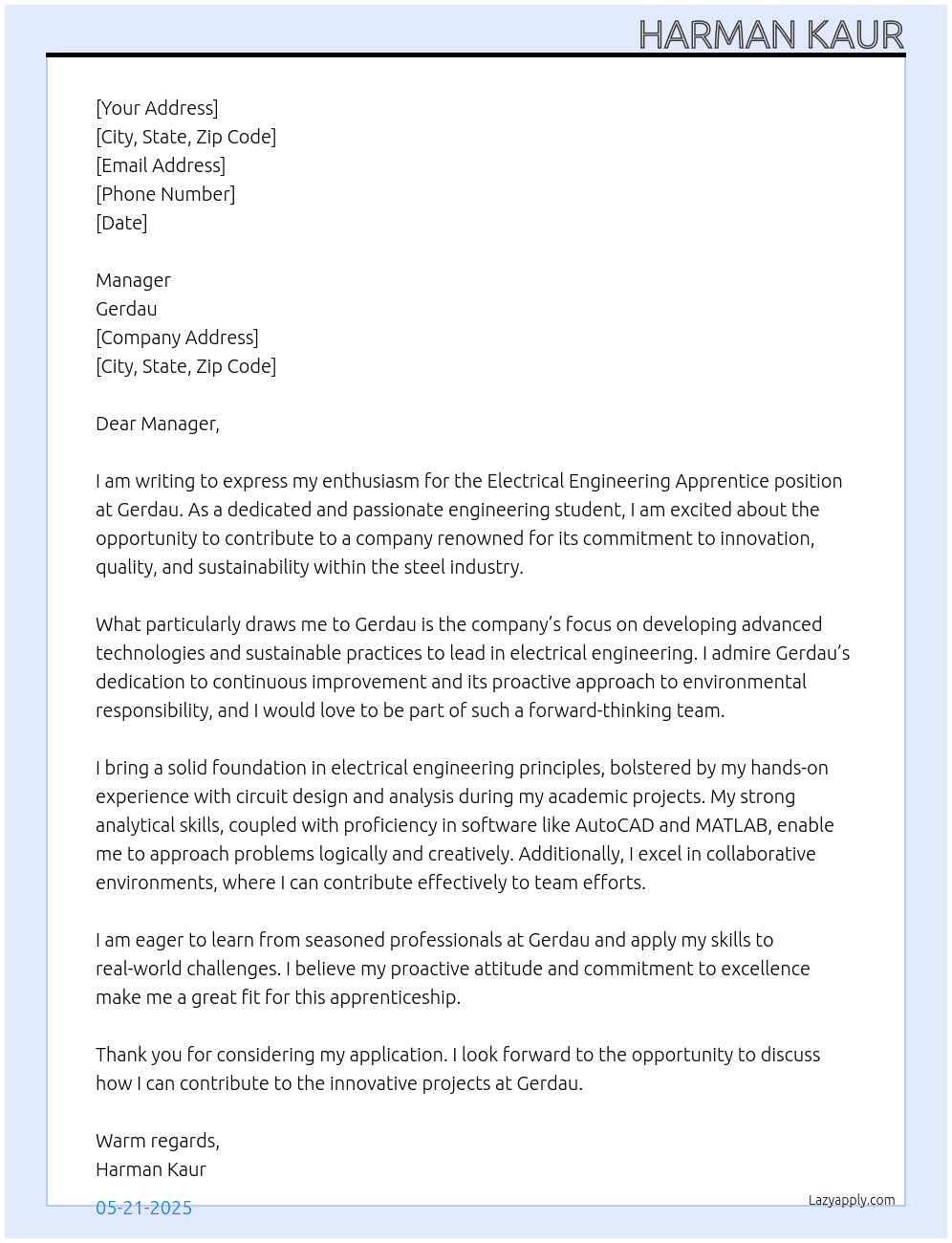Electrical Engineering Apprentice At Gerdau Cover Letter