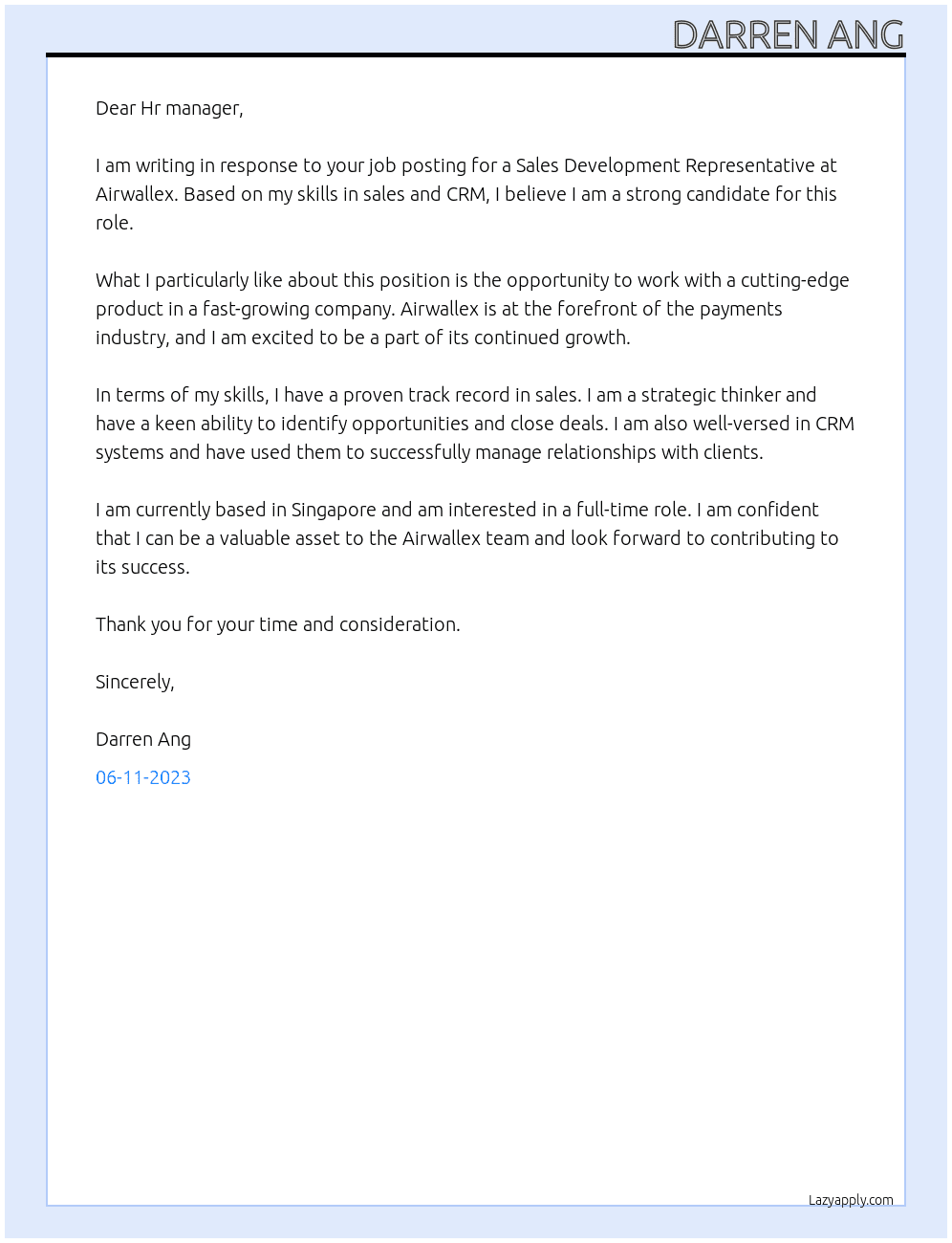 Sales Development Representative At Airwallex Cover Letter
