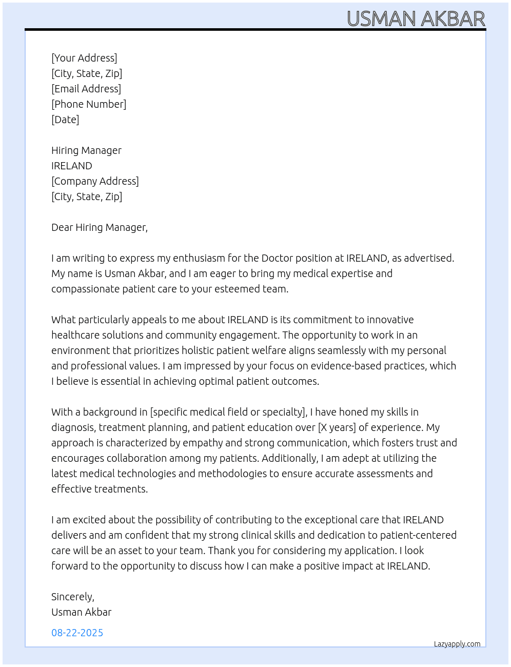 DOCTOR At IRELAND Cover Letter