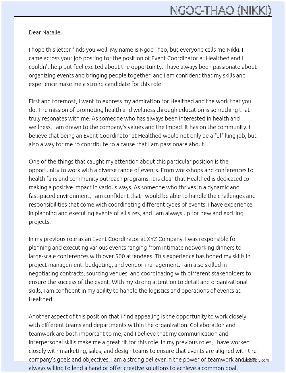 Event Coodinator At Healthed Cover Letter