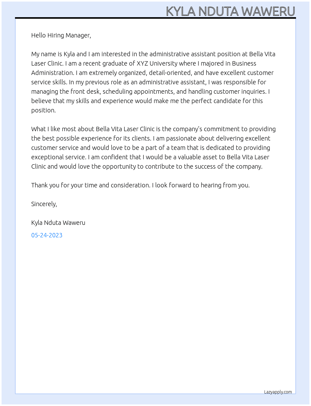 administrative assistant At bella vita laser clinic Cover Letter