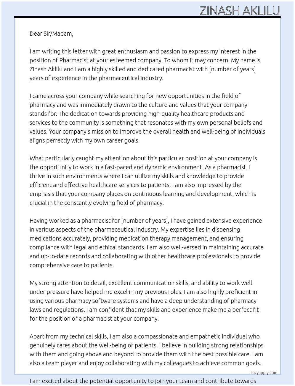 Pharmacist At To whom it may concern Cover Letter