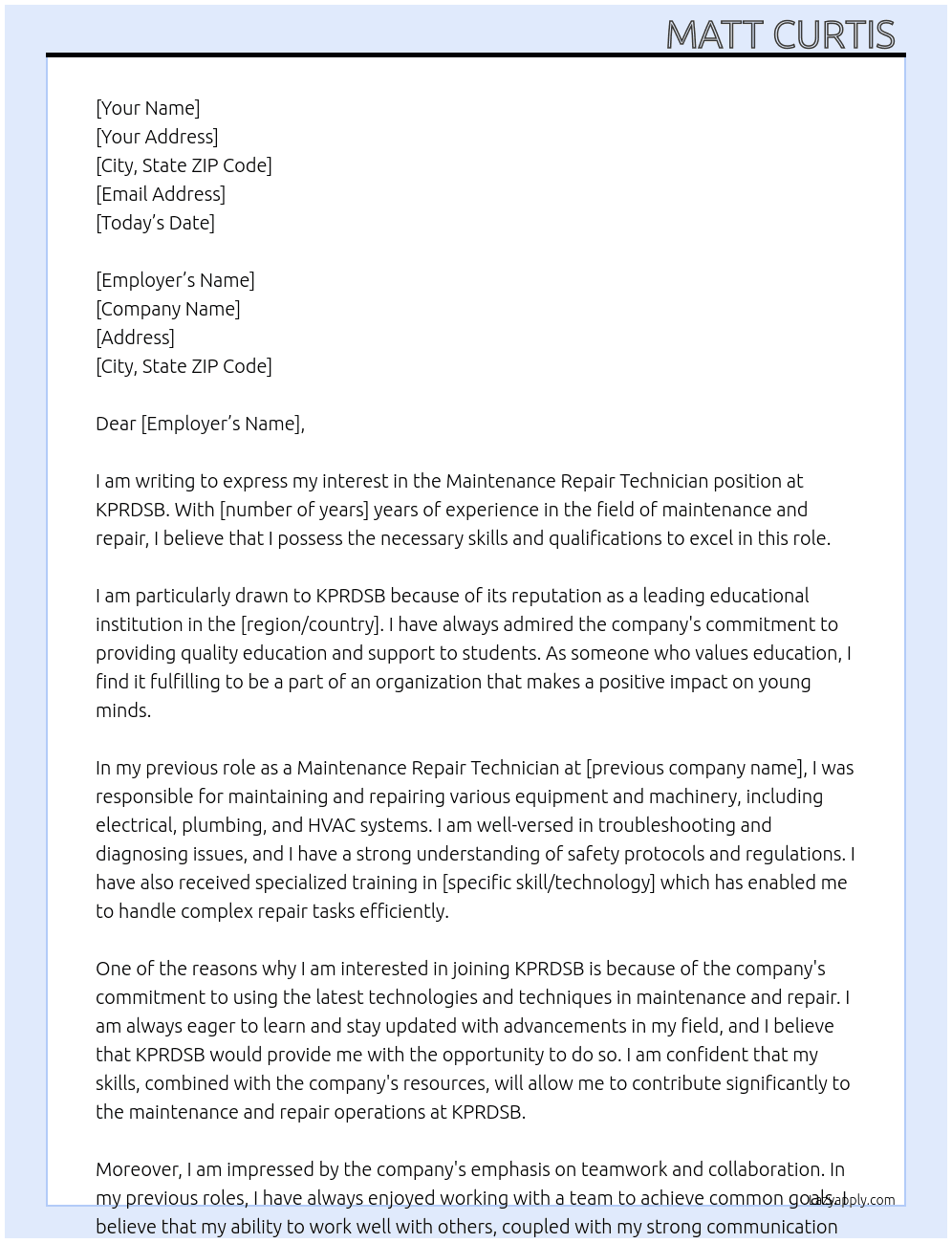 Maintenance repair technician  At KPRDSB Cover Letter