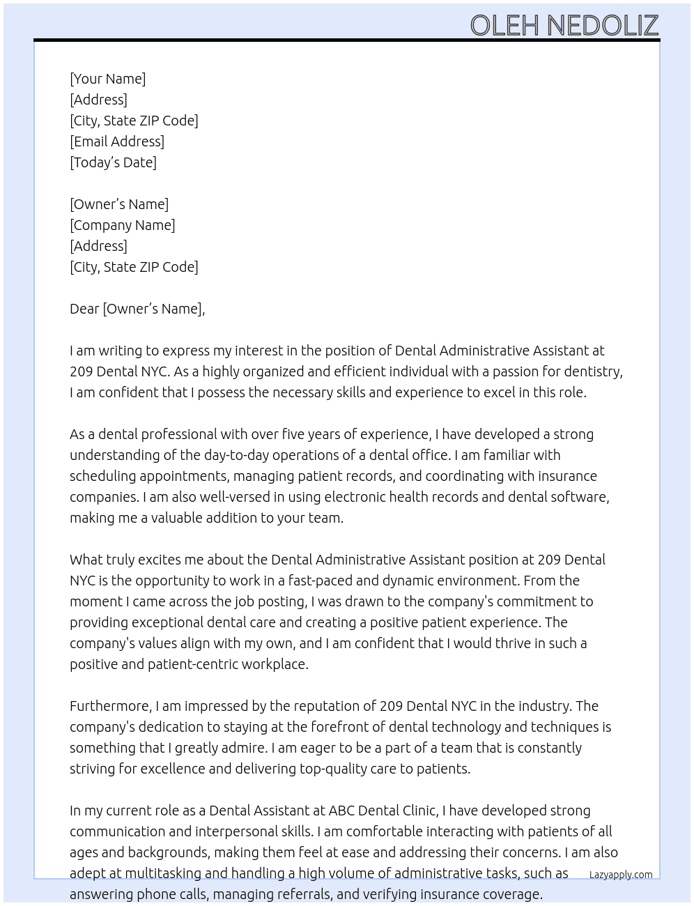 Cover letter for dental administrivw assistant - LazyApply