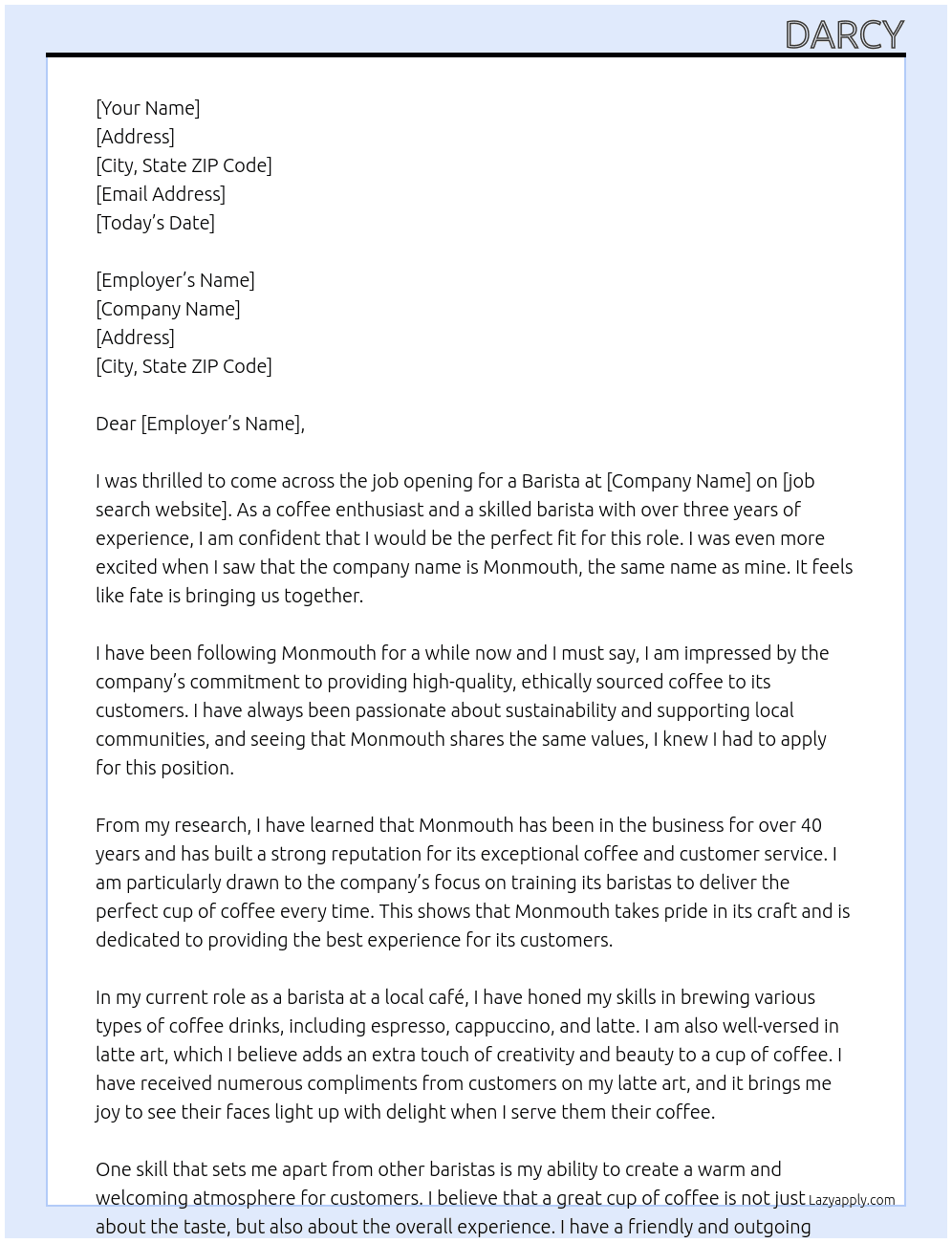 Barista At Monmouth Cover Letter