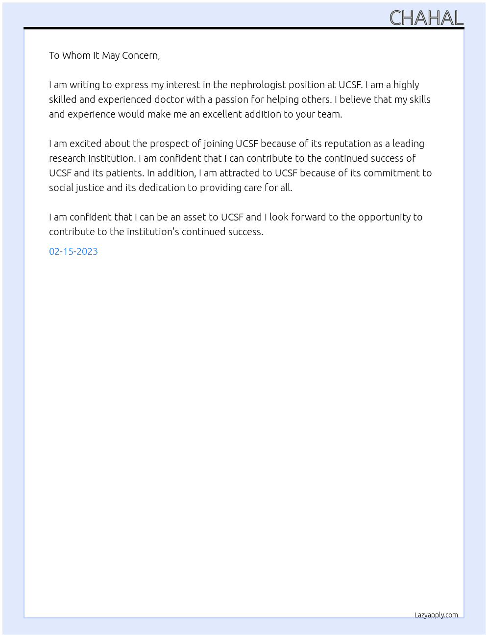 nephrologist At UCSF Cover Letter