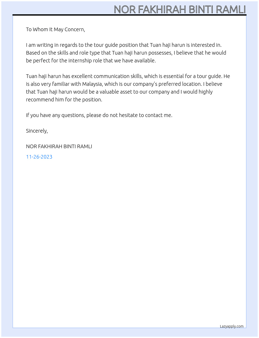 Tour guide  At Rayhar travel Cover Letter