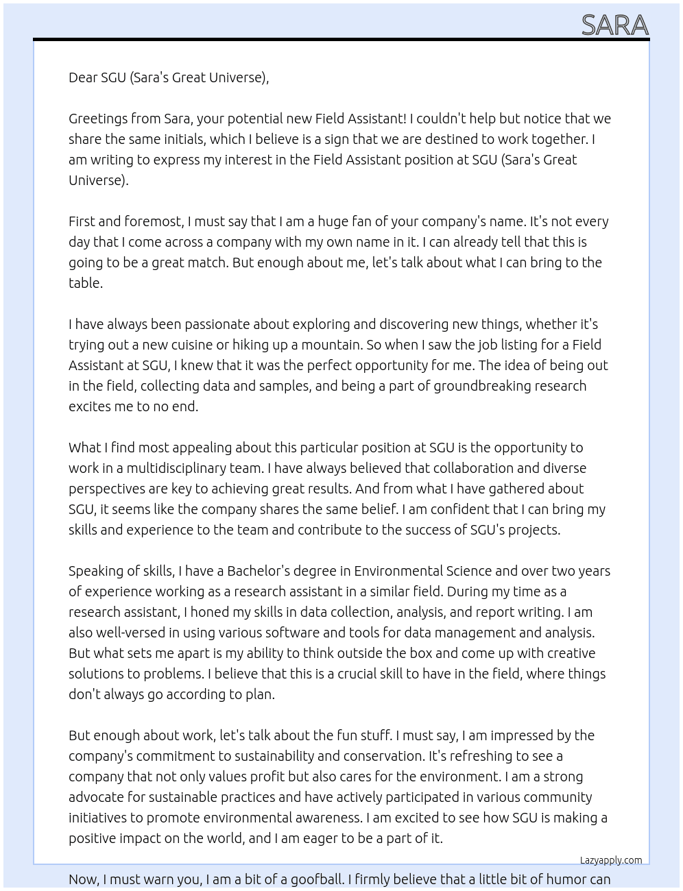 field assistant At SGU Cover Letter