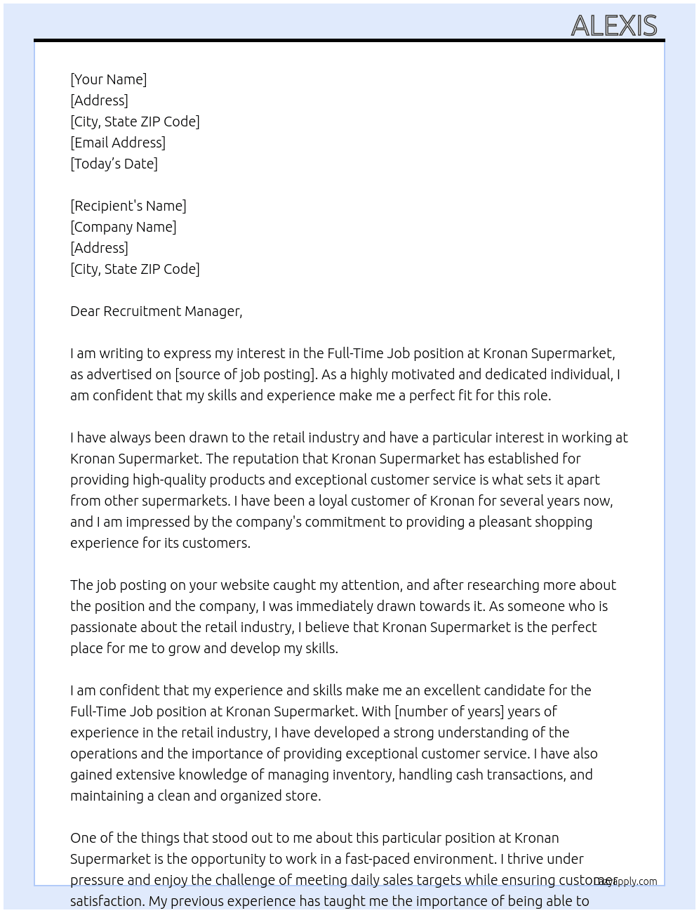 Job in supermarket  At Kronan  Cover Letter