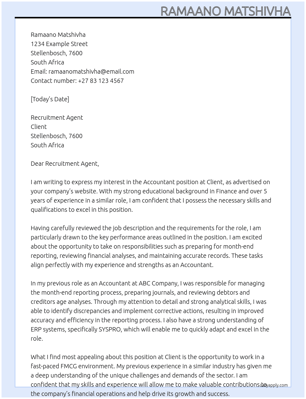 Accountant At Client Cover Letter