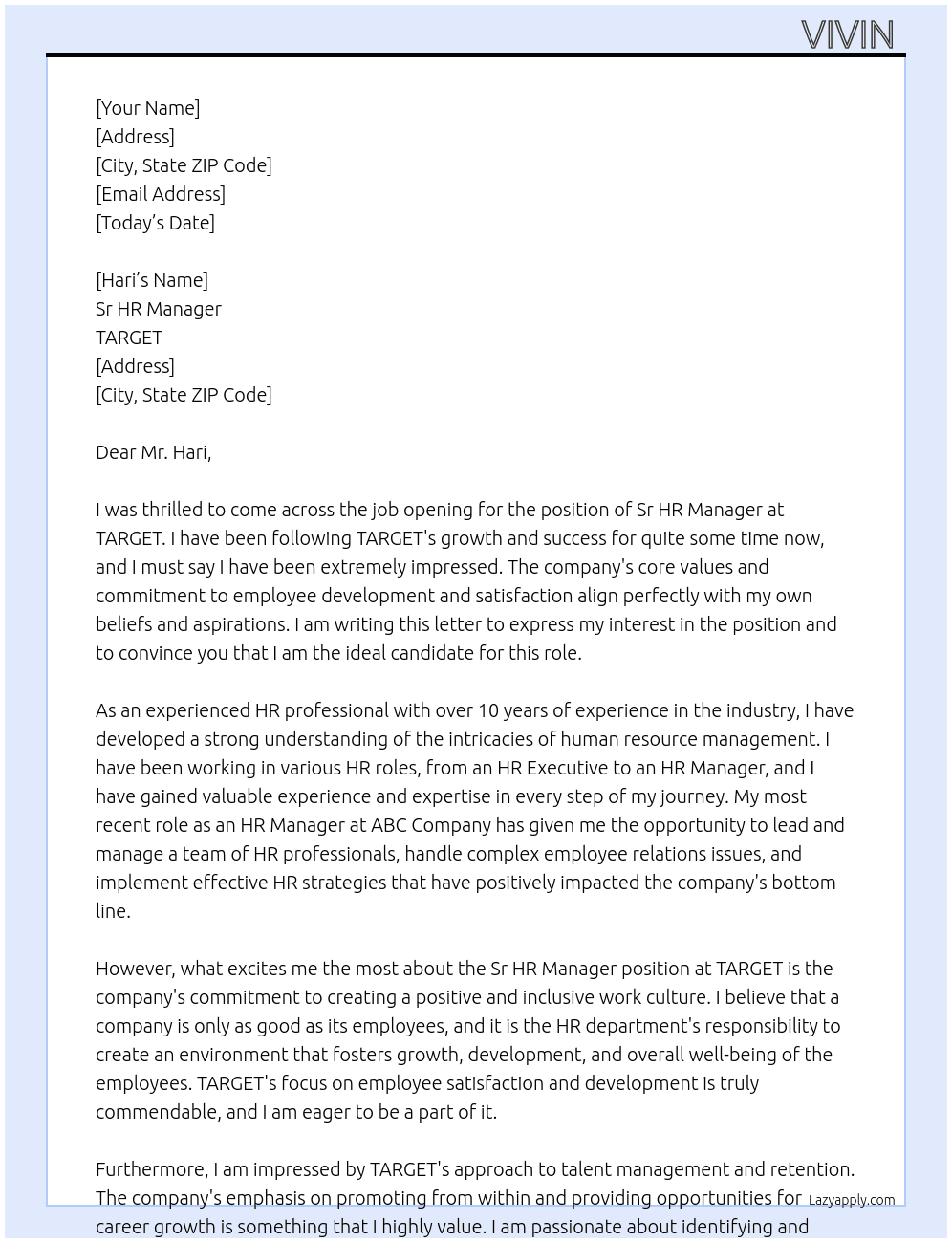 Sr HR Manager At TARGET Cover Letter