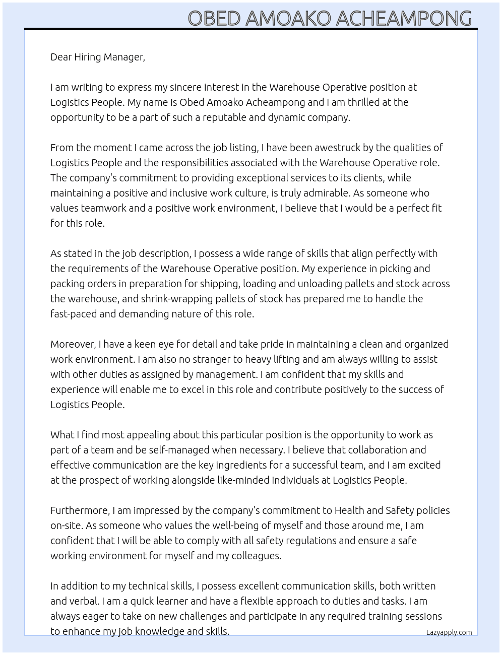Warehouse operative  At Logistics People  Cover Letter