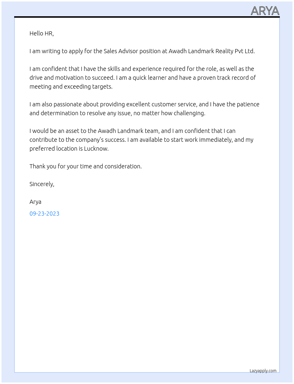 Sales Advisor  At Awadh Landmark Reality Pvt Ltd Cover Letter
