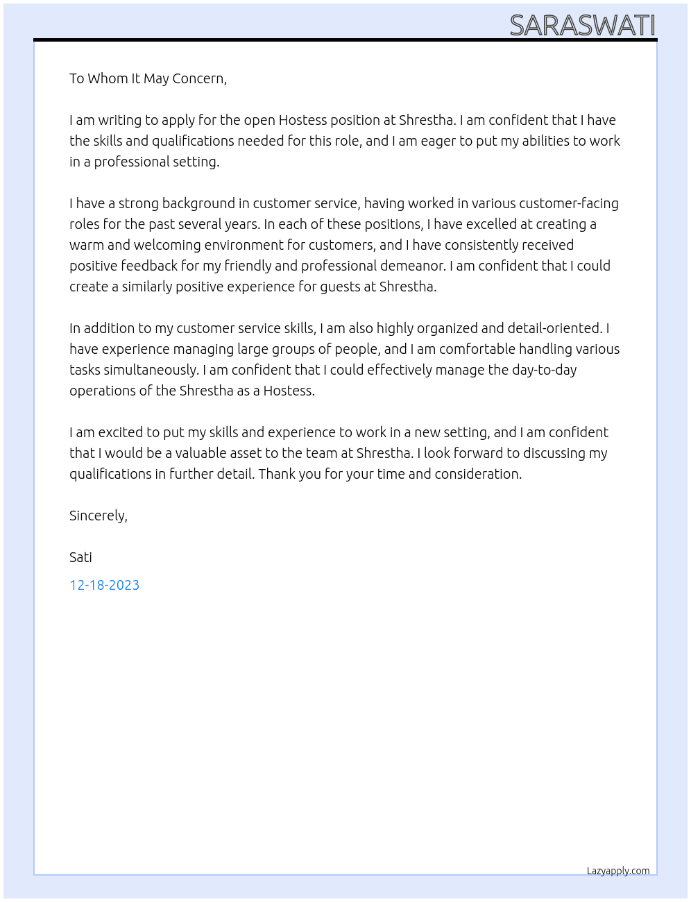 Hostess At Shrestha Cover Letter