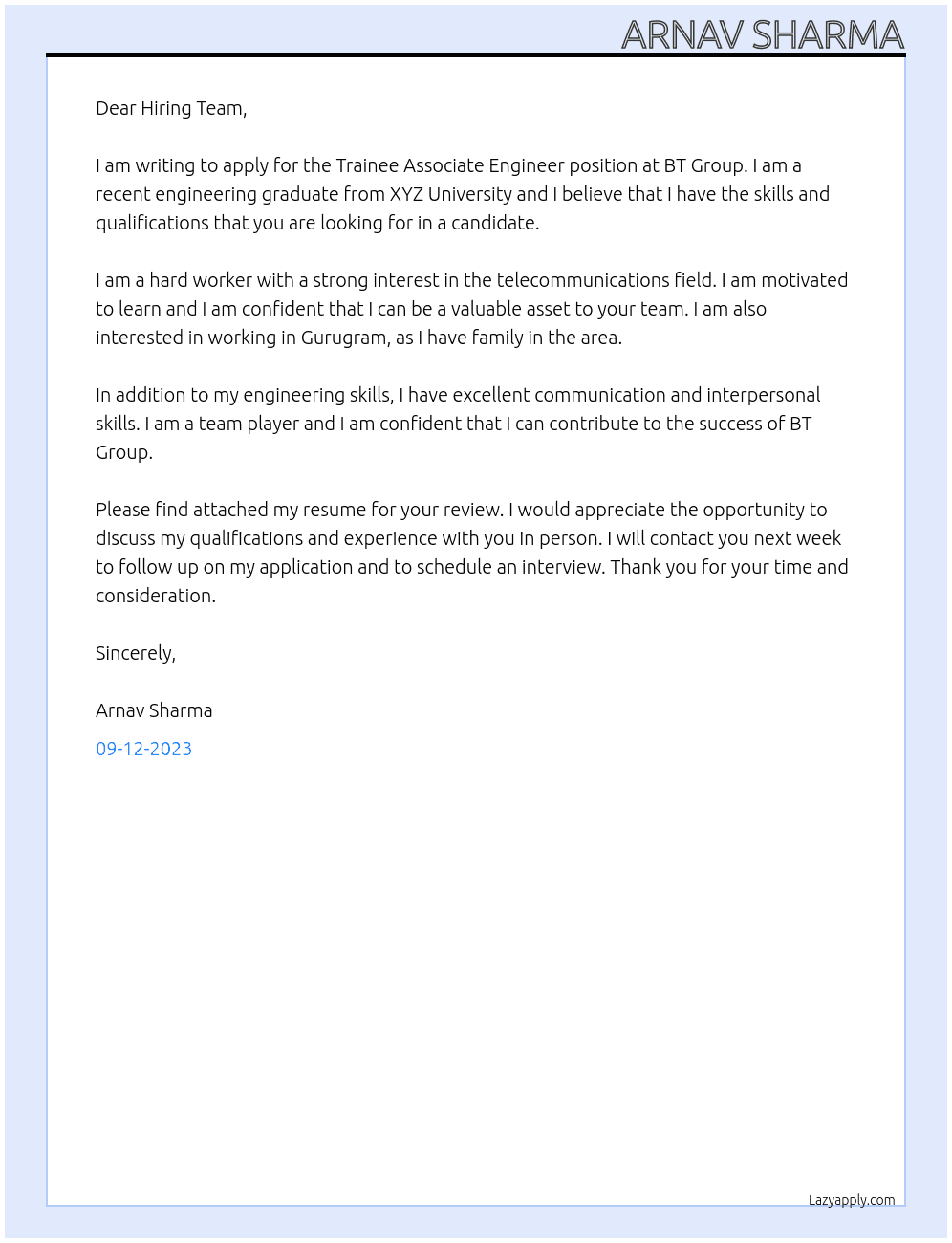 Trainee Associate Engineer At BT Group Cover Letter