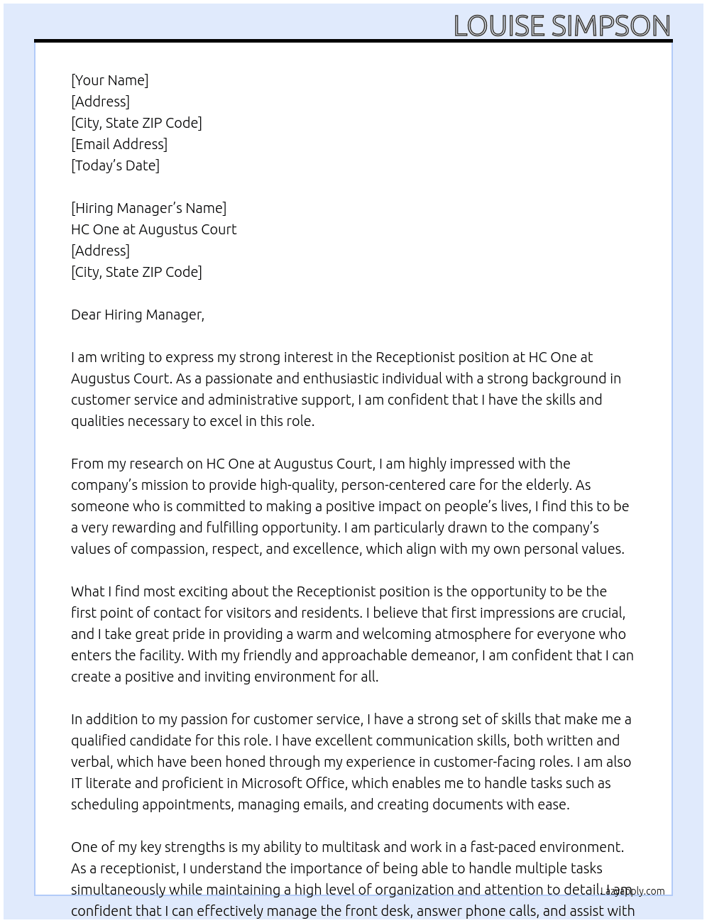 Receptionist At HC One at Augustus Court Cover Letter