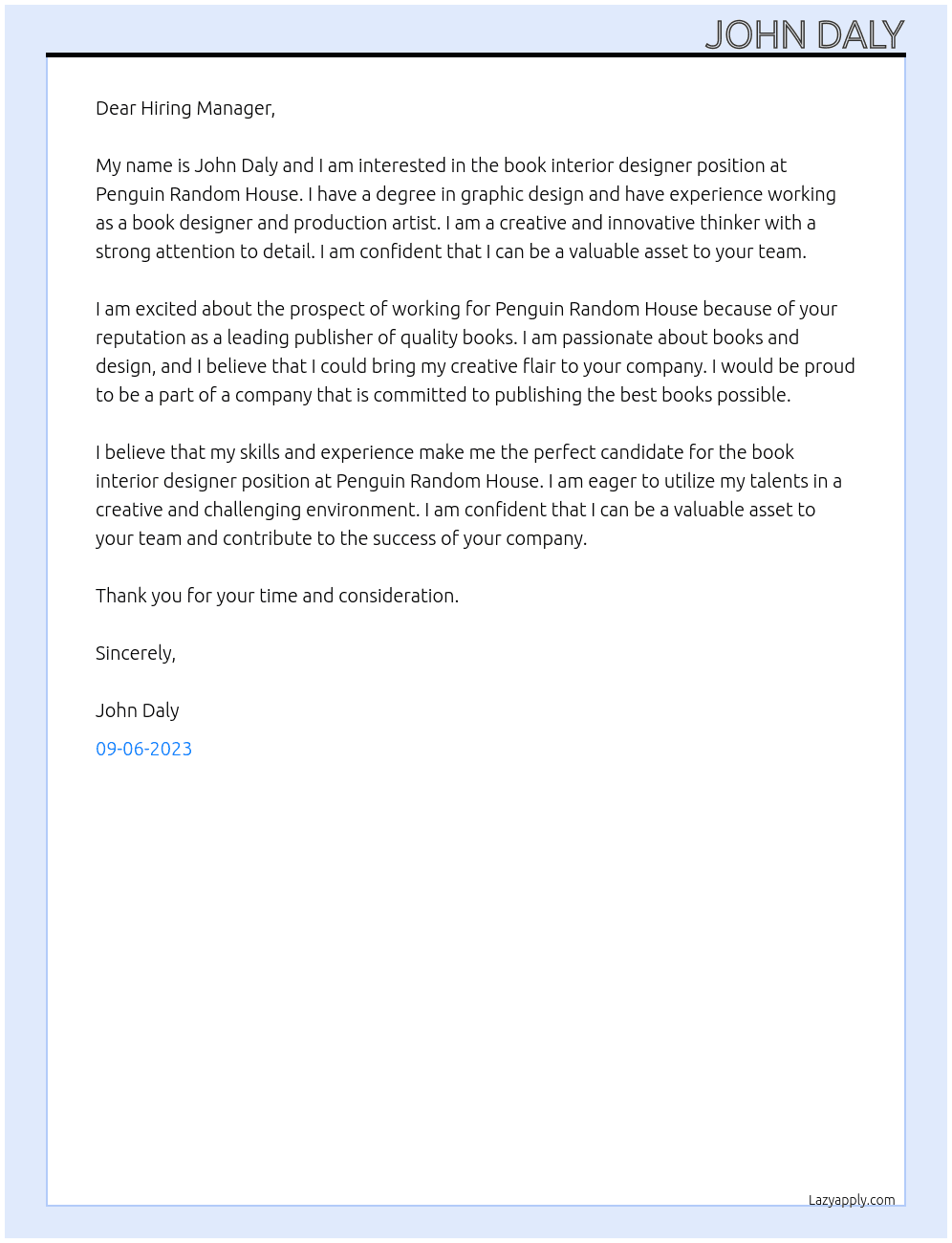 book interior designer At  Penguin Random House Cover Letter