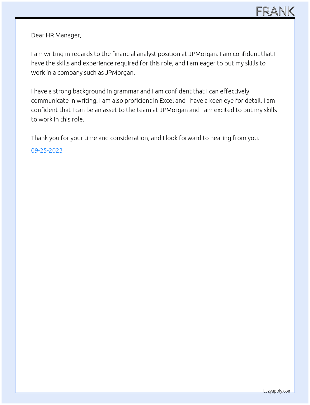 financial analyst At JPMorgan Cover Letter