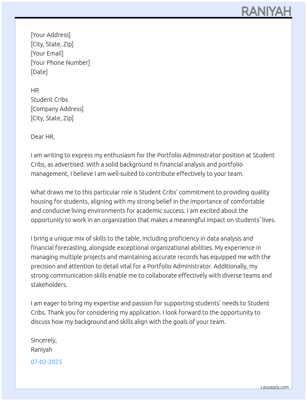 Portfolio Administrator At Student cribs Cover Letter