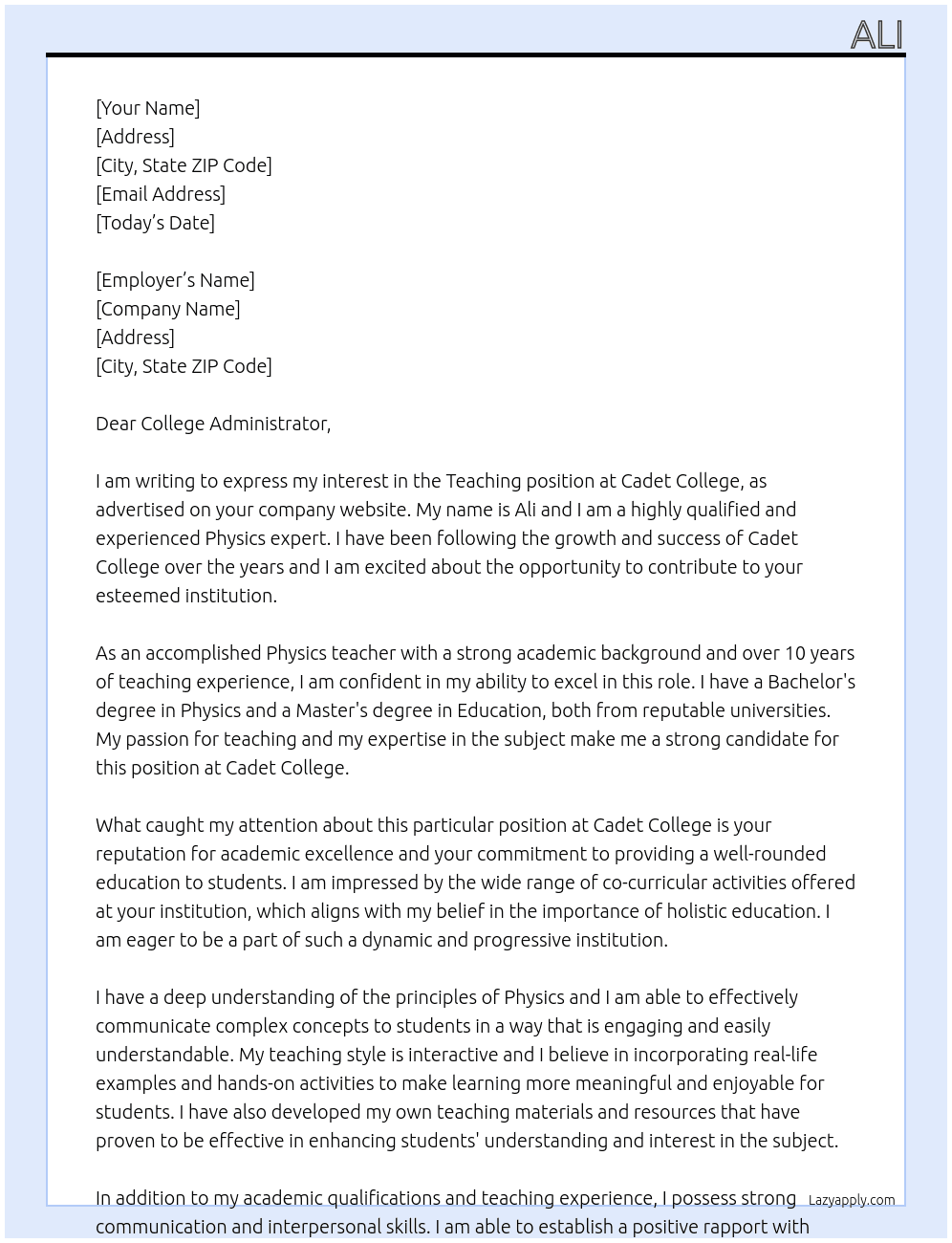 Teaching  At Cadet college  Cover Letter