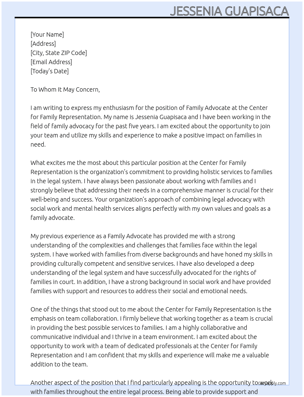 Family Advocate At Center for Family Representation Cover Letter
