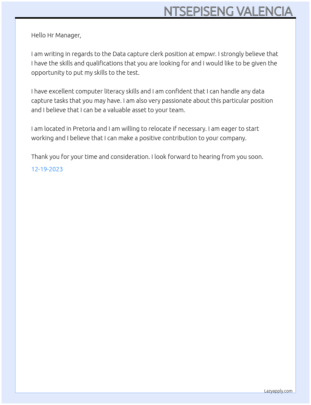 Data capture clerk  At empwr Cover Letter