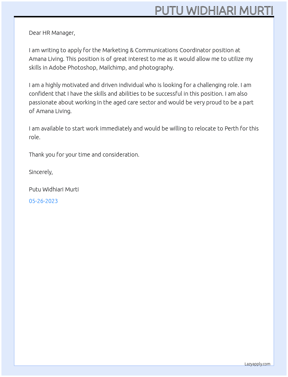 MMarketing & Communications Coordinator At Amana Living Cover Letter