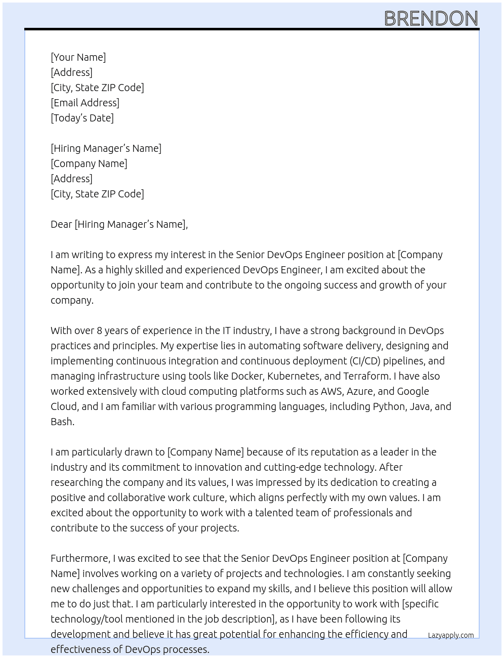 Senior DevOps Engineer At company Cover Letter