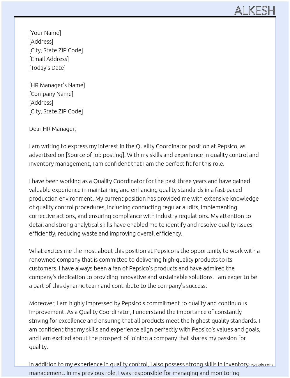Quality Coordinator At Pepsico Cover Letter
