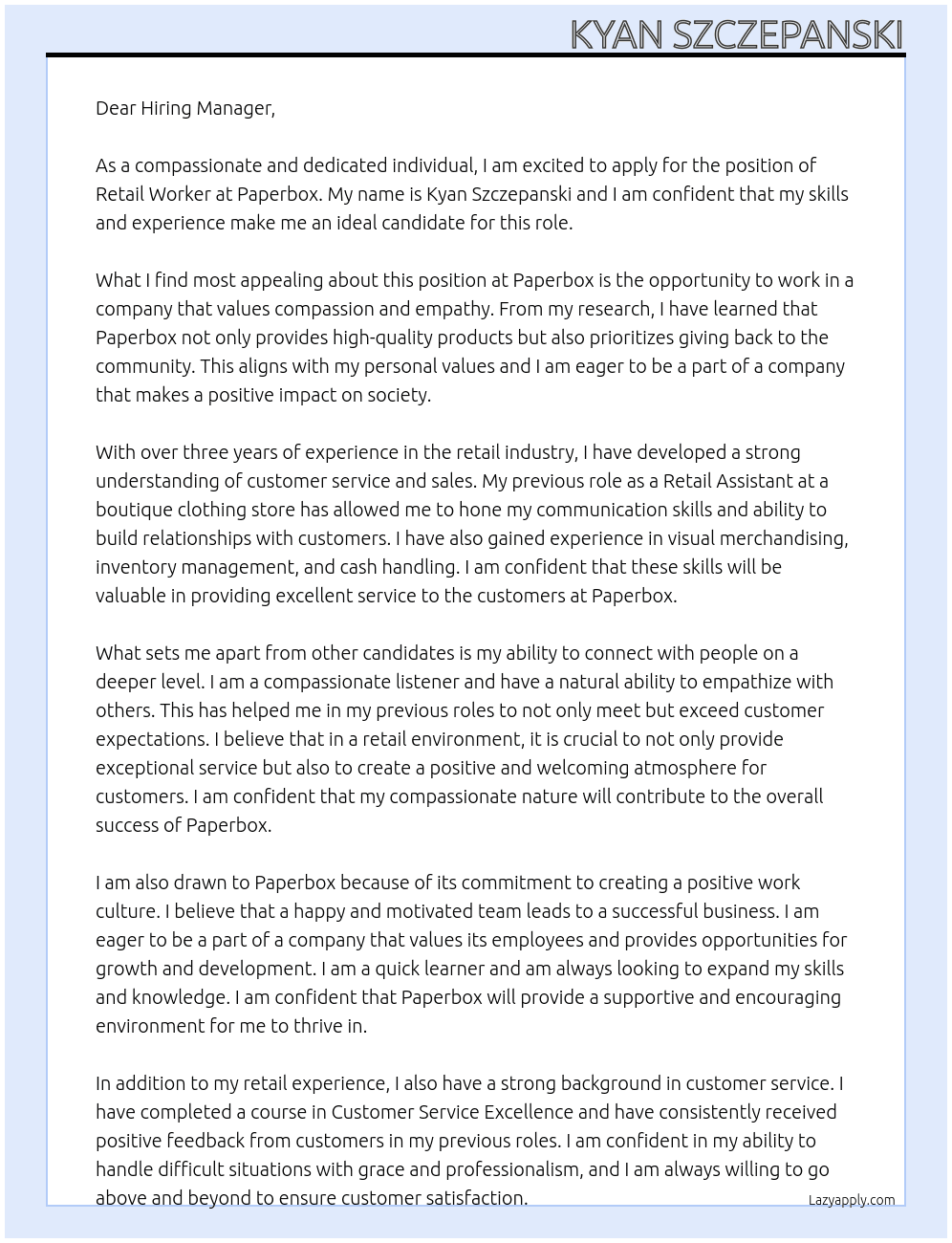 retail worker At Paperbox Cover Letter
