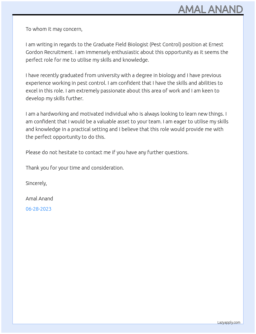 Graduate Field Biologist (Pest Control) At Ernest Gordon Recruitment Cover Letter